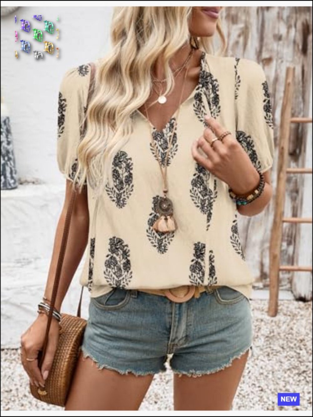 Boho Peasant Top V-Neck Tie Front Puff Sleeve Flowy Tunic Blouse Summer View 6